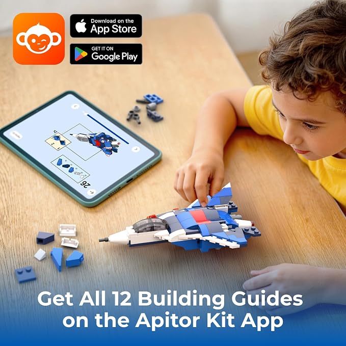 Apitor 12-in-1 STEM Building Blocks Kit for Kids Ages 6-12 | 139 Pcs Creative Construction Toy with Digital App & Paper Manual | Fighter Jet Model Build Robot DIY Activity Toy for Ages 6+ Years