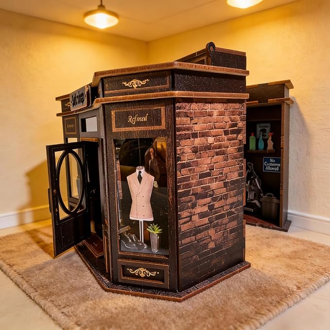 Book Nook Kit LED Wooden Miniature Suit Shop, 3D DIY Dollhouse Assembly Model with Crafted Interior, Creative Hobby Building Set for Adults