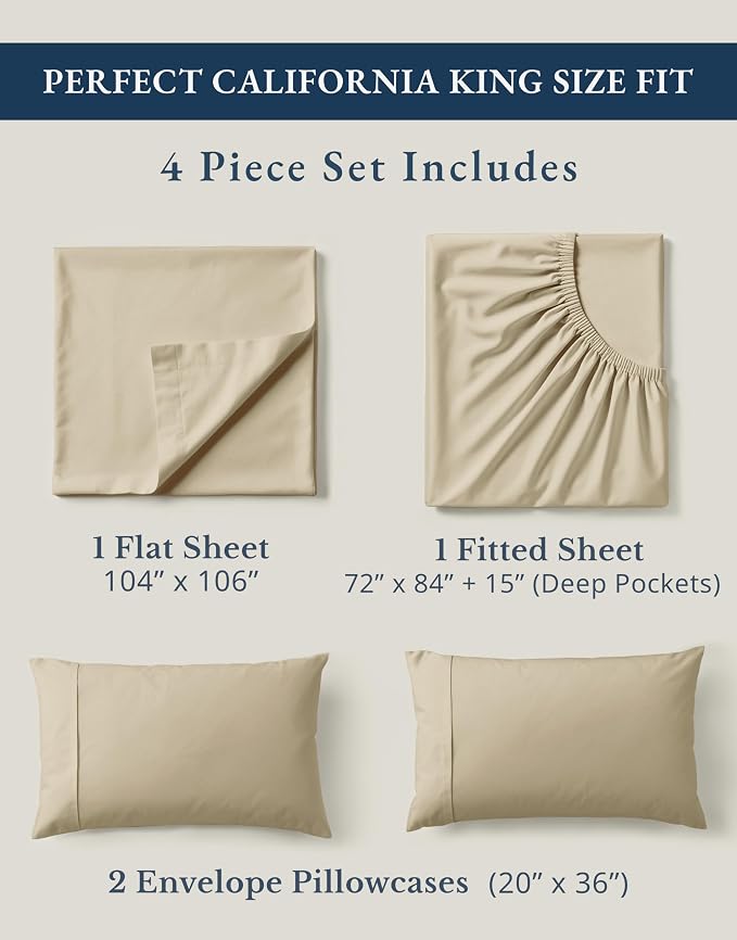 LANE LINEN California King Bed Sheets 100% Organic Cotton Cooling - Linen | Cal King Sheets In Organic Cotton Percale - Breathable For Year-Round Sleep, Best-Value Organic Cotton, For Hot Sleepers