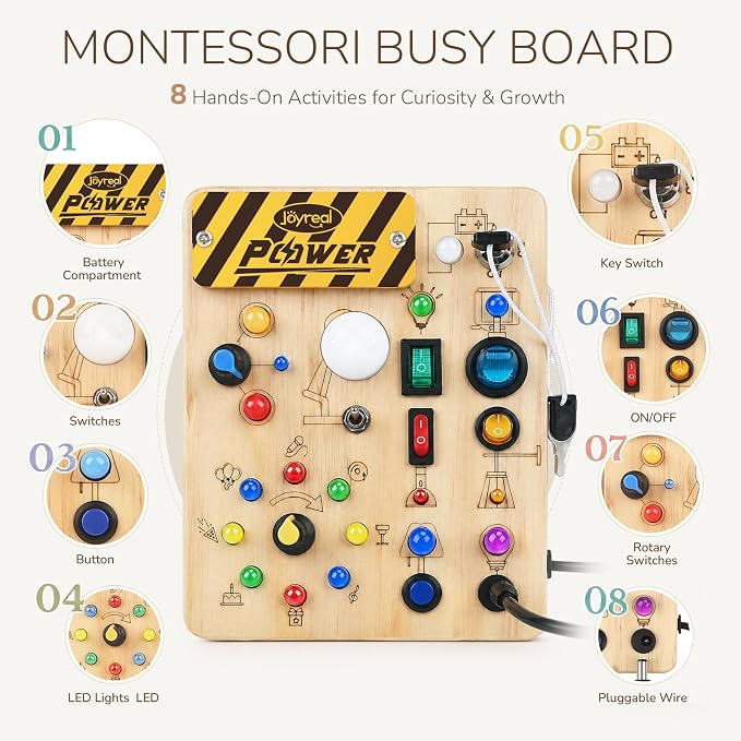 Joyreal Busy Board for Toddlers 1-3 - Montessori Toys for 1 2 3 Year Old, Wooden Sensory Activity Board with 10 Switches&19 Lights, Ideal Educational Travel Toy Gift for 1+ Year Old Boy&Girl Birthday
