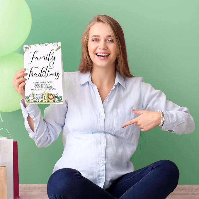 Fumete 61 Pieces Family Tradition Baby Shower Games Include 1 Family Traditions Standing Sign and 50 Activities Cards with 10 Pencils for Gender Reveal Bridal Shower Wedding(Green,Forest Animals)