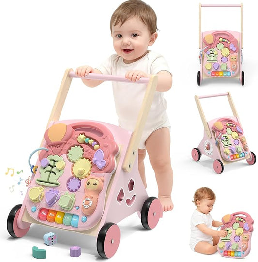 2 in 1 Wooden Baby Walker and Activity Center for Girls Boys Sit-to-Stand Learning Toy Kids Montessori Educational Push Toys with Music Detachable Busy Keyboard for Toddlers Pink