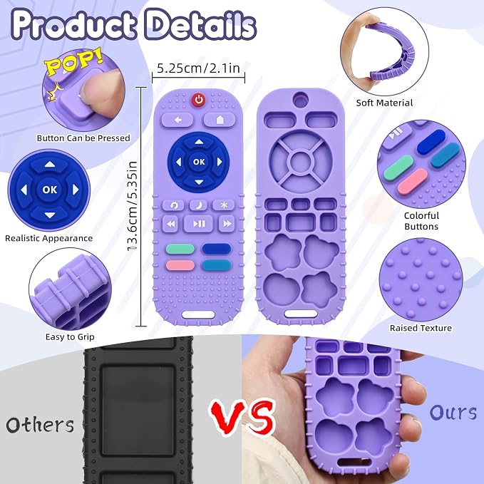 AiTuiTui Baby Teething Relief Sensory Chew Toys for 3 6 9 12 Months, Silicone Infant Teether Remote Control Bath Toy for Newborn Toddlers Boy Girl Autism Baby Shower Birthday Gifts, Purple