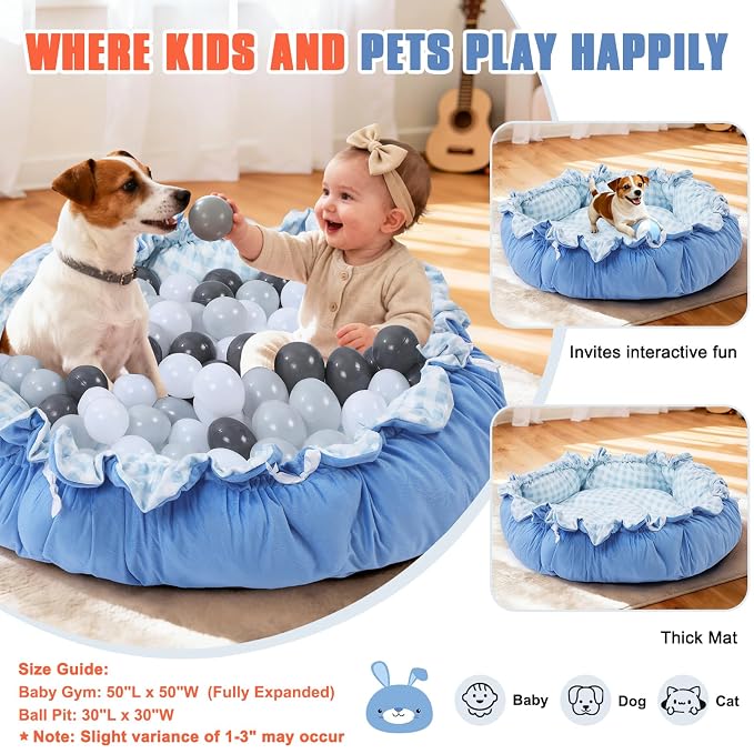 5-in-1 Baby Gym Play Mat with Cartoon Pattern, Extra Thick Plush Tummy Time Activity Gym with Hanging Toys, Sensory Development & Motor Skills Training Floor Mat, Blue