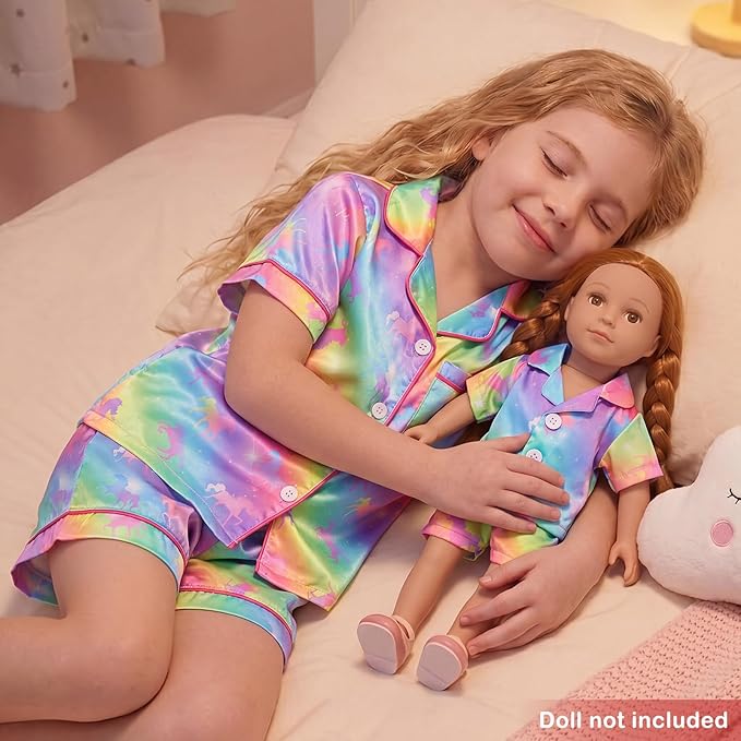 FIOBEE Girls Satin Pajamas Doll Matching Clothes, Stain Button Down Pjs Set Fits 18 Inch Dolls Soft Silky Toddler Kids Sleepwear