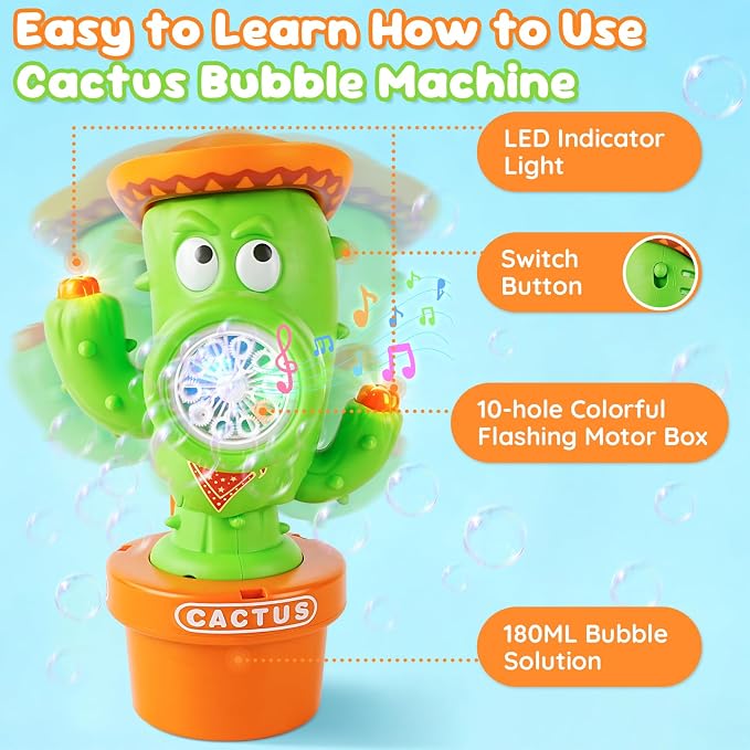 Cactus Bubble Machine, Automatic Bubble Blower with Music & Wiggle Action, Portable Handheld Bubble Maker with Lights, Birthday Gifts for Toddlers, Party Favors Toys, Easter Basket Stuffers for Kids