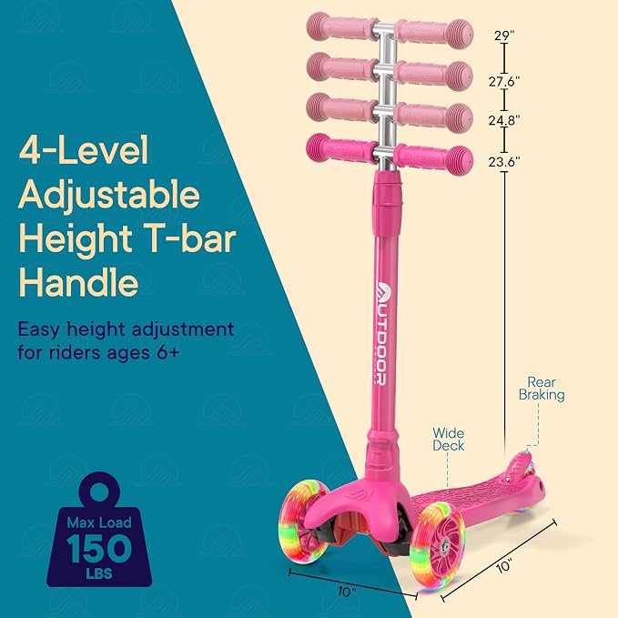 Outdoor Cruiser 3-Wheel Kids Scooter – with Lean-to-Steer Technology, Wide Deck, Led Lighted Wheel, 4-Level Adjustable Height T-bar Handle, Support Kids Up to 150 Lbs, for Boys & Girls Ages 3-8, Pink