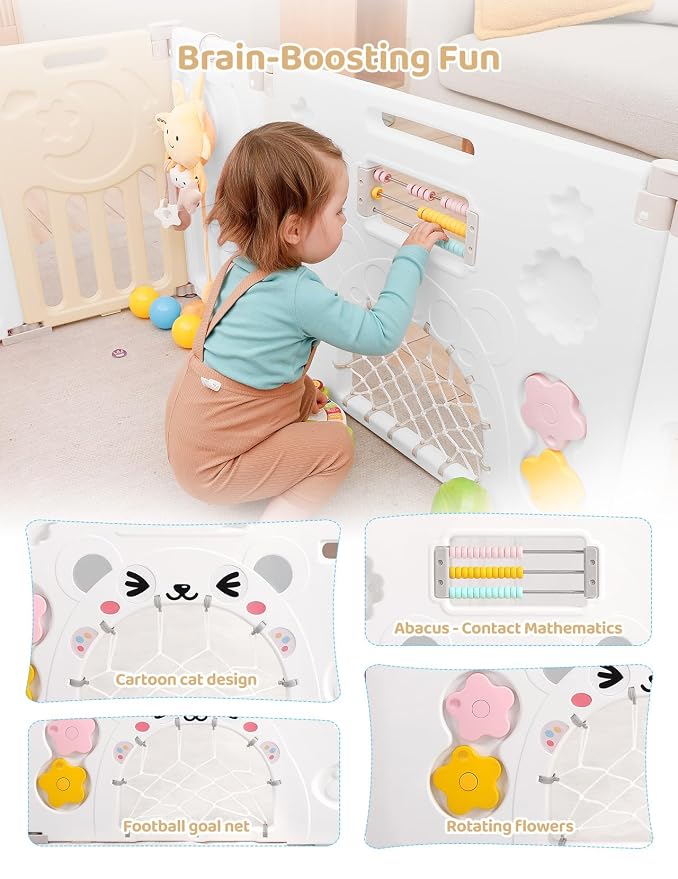 Dripex Baby Playpen, 14-Panel Foldable Playard for Toddlers 6-36 Months, Adjustable & Portable Indoor Outdoor Safety Play Area with Anti-Pinch Design, Game Panel and Safety Gate, Yellow White