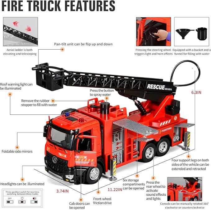 Fire Truck Toy Diecast Metal Cab Water-Spraying Toy Fire Truck for Kids Boys Girls and Toddlers Friction-Powered Fire Truck with Lights and Sounds Fire Trucks for Toddlers 3-5