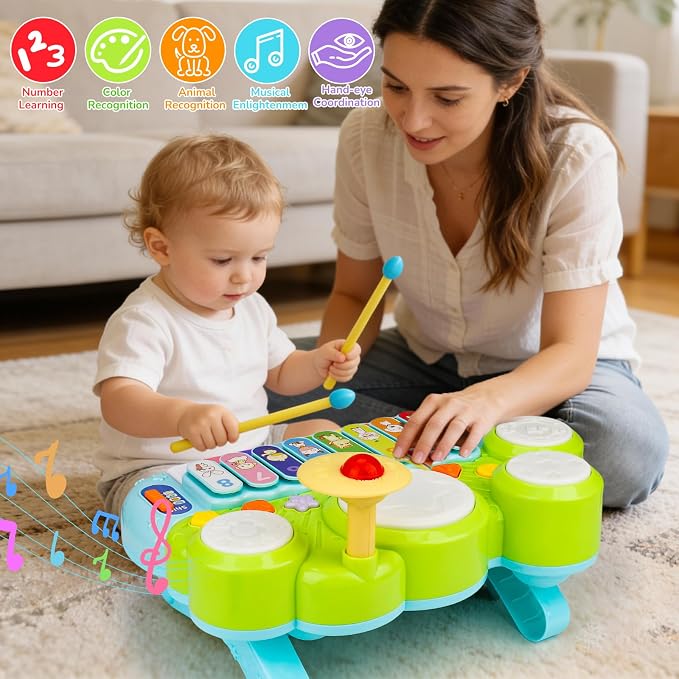 Baby Piano Drum Set for Toddlers 1-3, Musical Toys 3 in 1 Baby DJ Table Piano Keyboard Xylophone Drum Instruments for 1 2 Year Old Boys Girls Music & Light Activity Table Babies First Birthday Gifts