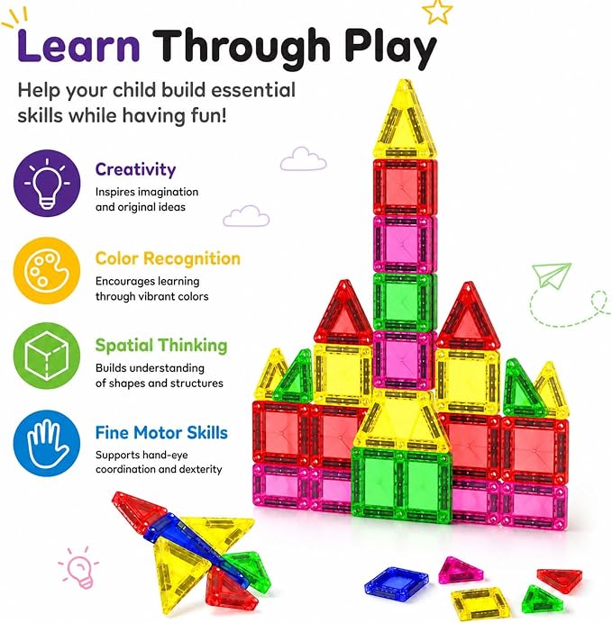 Mini Magnetic Tiles - 75 PCS Travel Magnetic Tiles, Micro Magnet Travel Toy for Kids Ages 3+, STEM Educational Building Set Construction Toys, Boys Girls Toddlers Birthdays Day Gifts