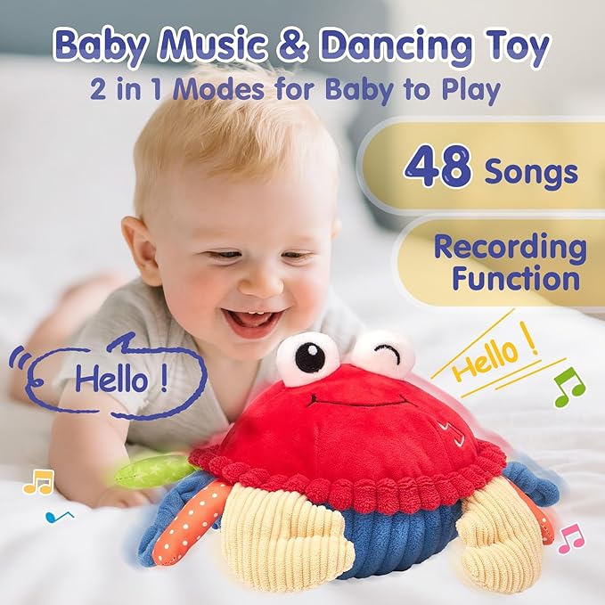 hahaland Baby Toys 6-12 Months, Musical Bouncing Crab Plush Toy with 48 Songs & Recording Function, Dancing Moving Jumping Baby Toy for Tummy Time, USB Rechargeable Crab Toy for Babies 6+ Months