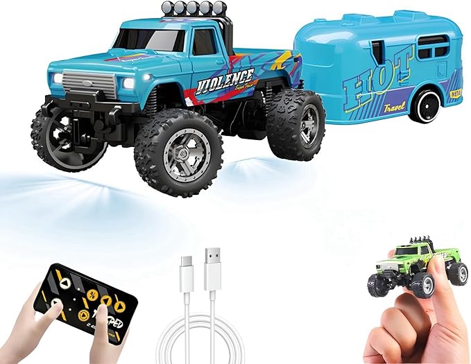 1:64 Scale Mini Remote Control Monster Truck with Trailer | 2.4GHz & App Dual Control, Alloy Mini RC Car with LED Lights, Portable Pocket Toy Car for Kids & Adults, Gift for Boys (Blue)