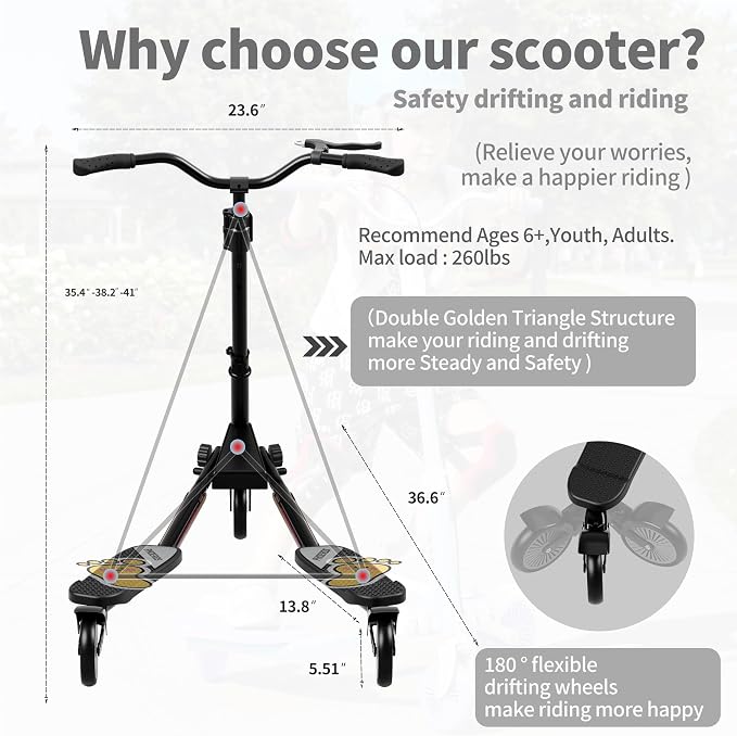 PHOEROS Upgraded Swing Wiggle Scooter,3 Wheels Drifiting Kick Scooter for Kids Ages 6-12,Teens&Adults,Youth Drifting Scooter with LED Light/4 Height Adjustable/Foldable Best Gift for Kids