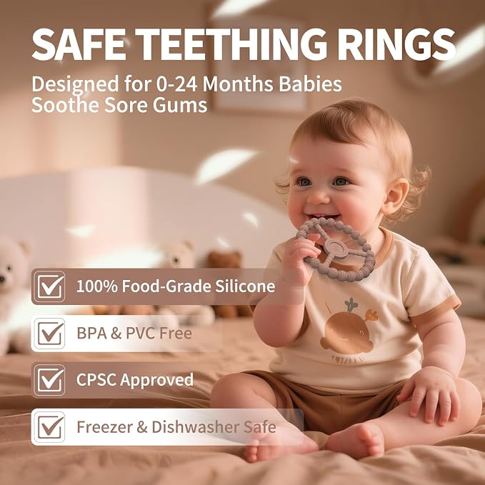 Baby Teething Rings 3-6 Months, 3 Pack Silicone Ring Teether Toys for Babies 0-6 & 6-12 Months Chewing Relief, Freezable & Easy Grip, Infant Essentials, Boys & Girls Gifts (Clay DustyRose Brown)