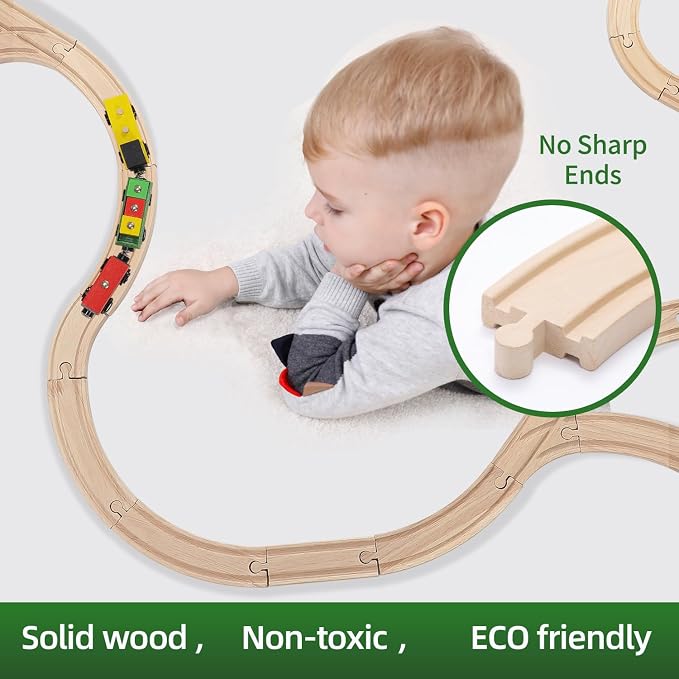 Wooden Train Track Set 62pcs, Wood Railway Systems Accessories Expansion Pack with Train + Crane, for 3-10 Years Toddlers Birthday Gift, Christmas Toys, Compatible with Major Brands (62 PCS)
