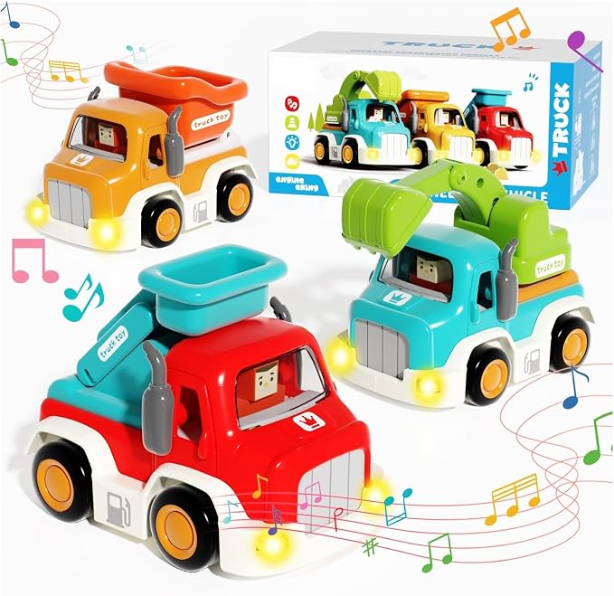 Toy Cars for Toddlers 1-3, Friction Powered, Light & Sound Toddler Car Toys with Mini Trucks (Excavator, Dumper, Fire), Early Educational Gift for Boys Girls (3 Pack)