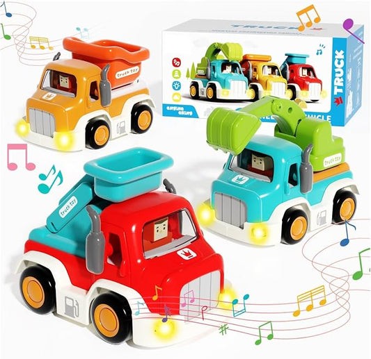 Toy Cars for Toddlers 1-3, Friction Powered, Light & Sound Toddler Car Toys with Mini Trucks (Excavator, Dumper, Fire), Early Educational Gift for Boys Girls (3 Pack)