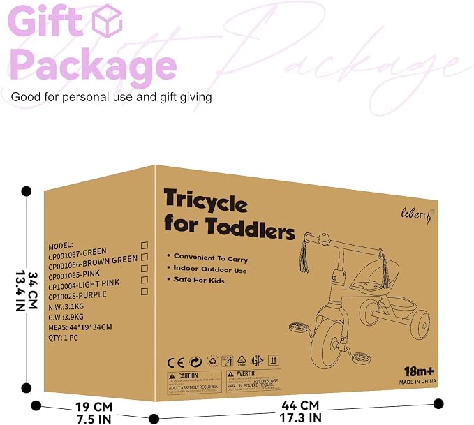 Liberry Toddler Tricycle Age 2 3 4 Years Old, Kids Trike with Bell, Back Basket and Removable Pedal, 3 Wheel Bike Riding Toy Gift for Girls, Purple