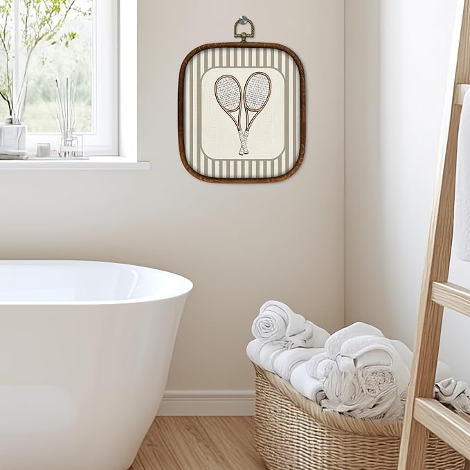 WULQYING Tennis Racket Sports Nursery Wall Art Decor, Boys Room Square Framed Canvas Art Prints, Neutral Striped Sport Lover Gift Wall Hanging Decor for Kids Nursery Room Playroom, 5.7x6.5 Inches