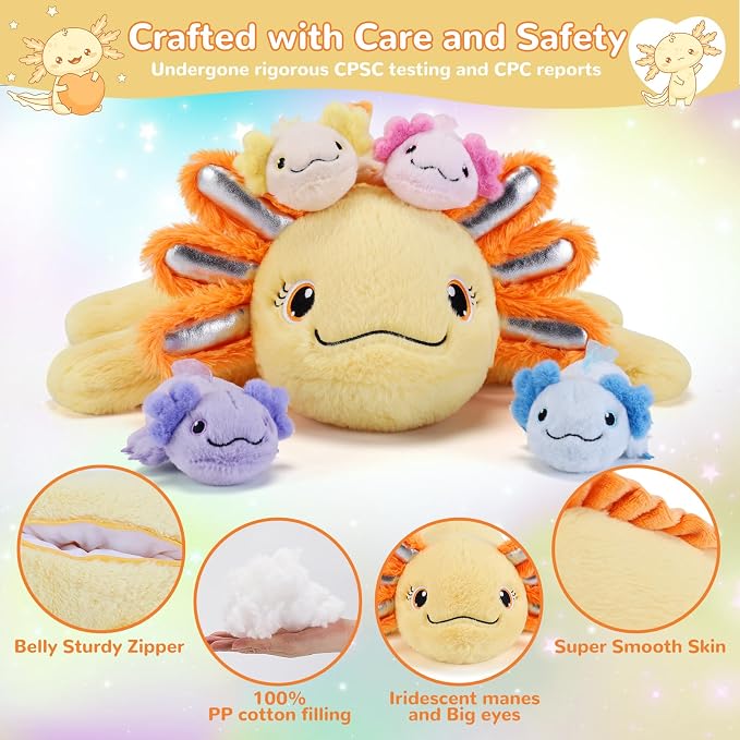 gnomantic Axolotl Stuffed Animals with Babies Inside, Mommy Toy for Kids | 5-Piece set: 1 mommy axolotl + 4 baby axolotls inside. Unzip belly to reveal surprise babies. Ultra-soft, ages 3-8.