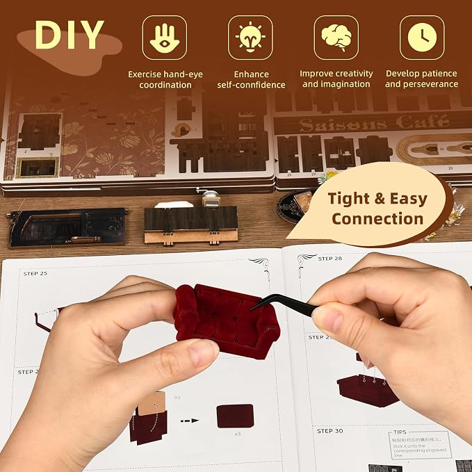 MiniCity Book Nook Kit, DIY Doll House Booknook, Miniature Kit for Bookshelf Doll Houses for Adults Teen Halloween, 3D Wooden Puzzle Bookends with Led Light and Dust Cover (Saisons Café)