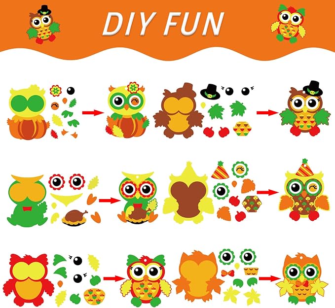 chiazllta 30 Packs Fall Craft Thanksgiving Owl DIY Art Craft with Fall Autumn Leaves Pumpkins Stickers Make Your Own Owl Set for Home Game Activities