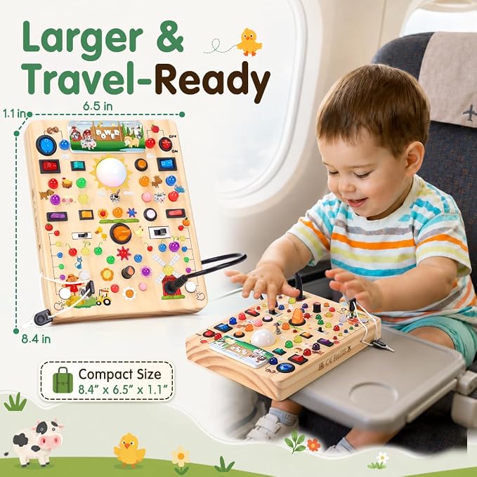 Busy Board with LED Light Switches, Montessori Toys for 1 2 3 Years Old, Toddlers Wooden Toy Sensory Activity Board, Travel Toys for 1+ Year Old Boy & Girl Birthday Gift (Farm 19 Switches)