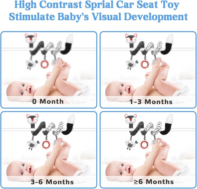 Car Seat Toys for Babies 0-6 Months Boy Girl Carseat Toys Hanging, Black and White High Contrast Baby Toy for Newborn, Baby Infant Sensory for Crib Mobile Carseat Stroller, Gift for 0 3 6 9 12 Months