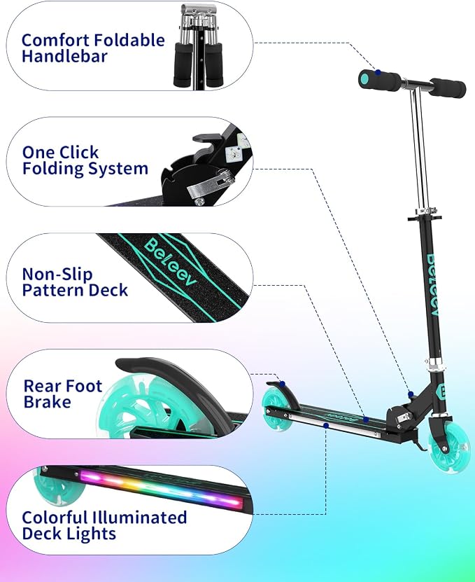 BELEEV V1 Scooters for Kids, 2 Wheel Folding Kick Scooter for Girls Boys, 3 Adjustable Height, Light Up Wheels, Lightweight Scooter with Sturdy Frame, Kickstand for Children 3 to 12 Years Old