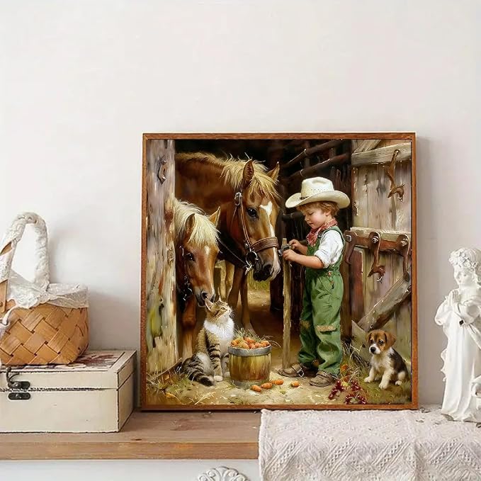 Paint by Numbers for Adults and Kids Beginner Vintage Cowboy Boy Horses, Cat, Puppy Painting by Number Kits On Canvas Number Artist Paint by Number Kit Oil Painting Acrylic Paints Home Wall Decor Gift