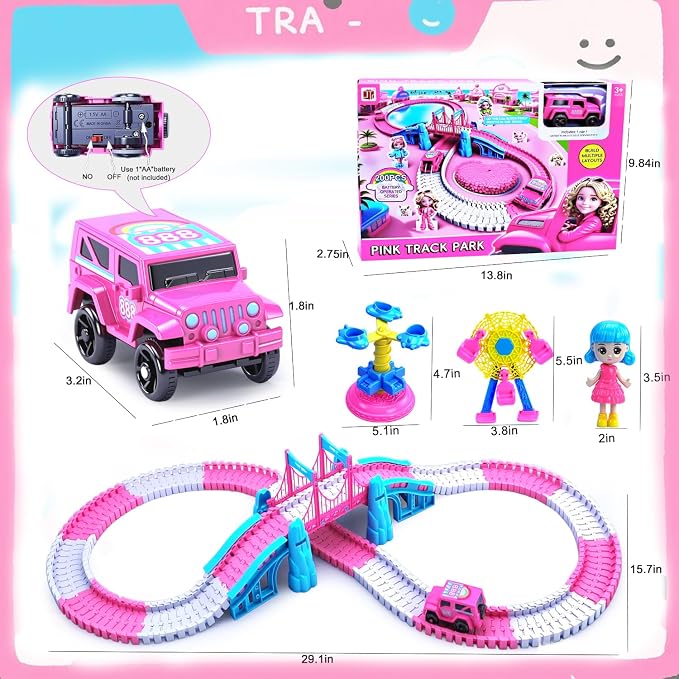 Race Tracks for Kids Ages 4-8, 203 PCS Pink Magic Tracks Electric Toys, Flexible Car Track Set Girls Toys Birthday Gifts for 2 3 4 5 6 Year Old Girls and Toddlers