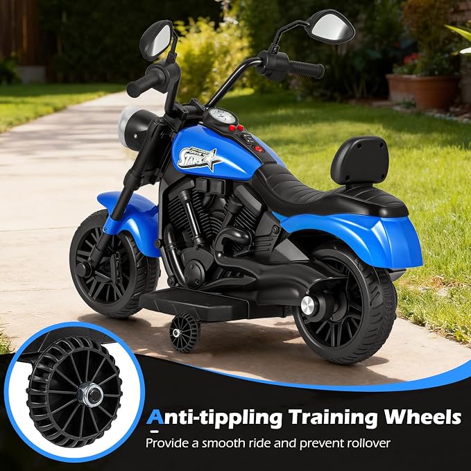 Costzon Kids Motorcycle, 6V Chopper Motorbike Ride on Toy with Headlight, Music, Training Wheels, Electric Toddler Motorcycle for Kids Boys Girls, Gift (Blue, 31" x 23" x 22"(L x W x H))