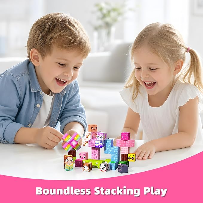 Magnetic Blocks, 48PCS Magnetic Building Cube Set for Kids Ages 3+, Constructions STEM Stacking Tiles Toy Building Birthday Gifts for Girls