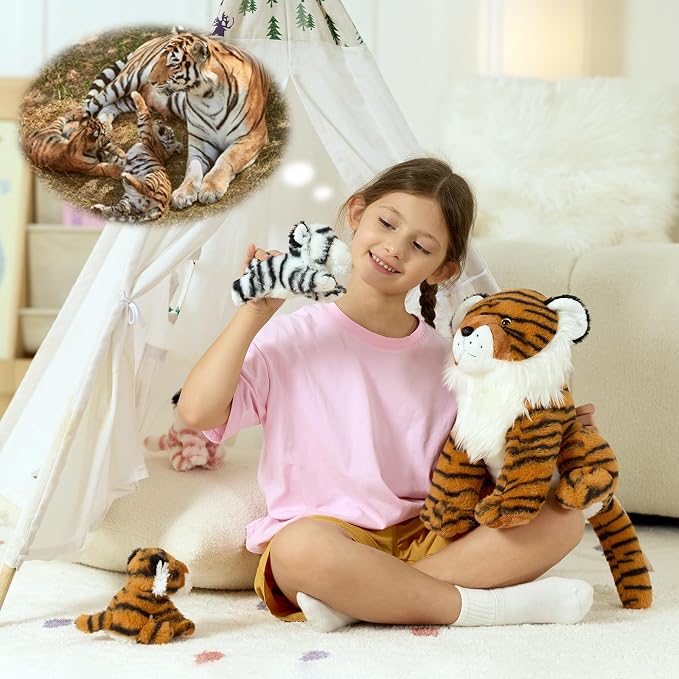 MorisMos Tiger Stuffed Animal with Babies Plush Set, Realistic Mommy Stuffed Tiger Plush with 3 Baby Cubs Inside, Wild Zoo Animal Toys for Kid Toddler Christmas Decor Birthday Gift Jungle Themed Party