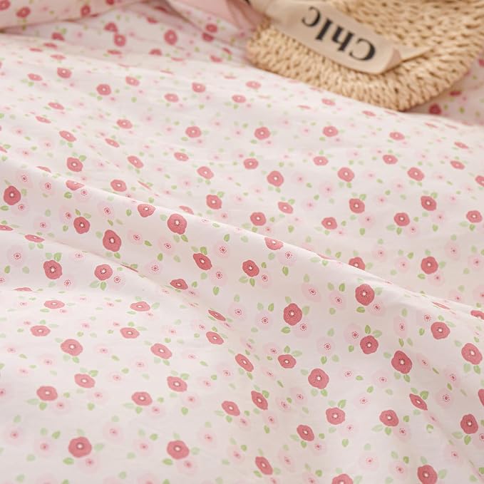 Pink Floral Comforter Set Full Romantic Ruffle Comforter with 2 Pillowcases Vintage Botanical Flowers Comforter Set for Girls Women Fluffy Soft Reversible Stripes Bedding Set with Lace for All Seasons