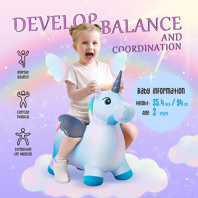 Unicorn Horse Hopper, Inflatable Plush Animal Hopping Toy, Bouncing Riding Hopper for Toddlers, Outdoor Indoor Jumping Toys for Boys Girls, Birthday Gifts for 18 Month 2 3 4 5 W/Free Pump