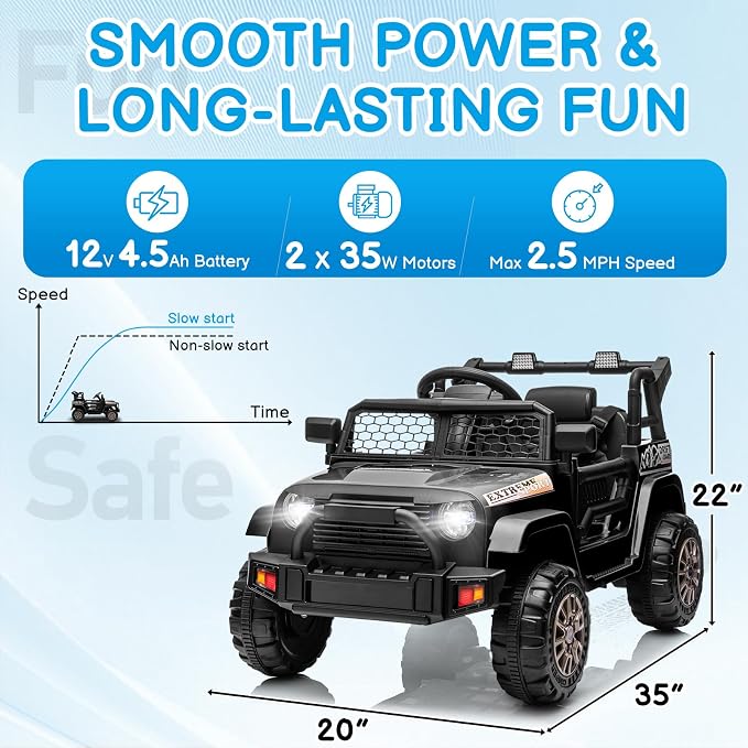 Winado 12V Electric Car for Kids, Ride on Truck for Toddlers with Remote Control, Battery Powered Kids Electric Vehicle to Drive w/Bluetooth, Soft Start, LED Lights - Black