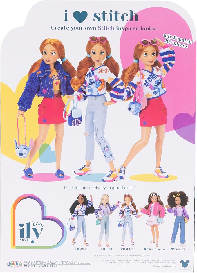 Disney ILY 4EVER Fashion Dolls Red Hair Stitch 11.5" Tall with 13 Points of Articulation, Two Complete Mix-and-Match Outfits and Mickey Ring for You!