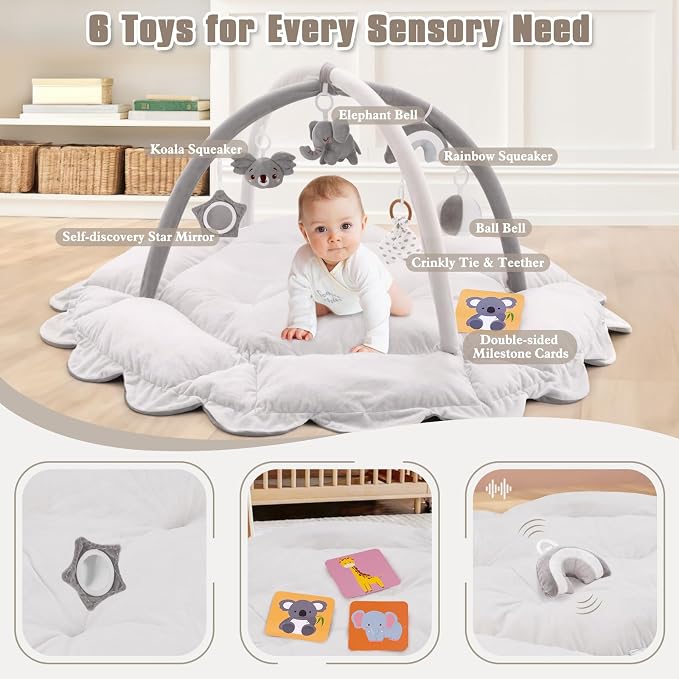 5-in-1 Plush Baby Play Gym, Activity Mat with Convertible Gym, Baby Gym 6 Sensory Toys, Play Center for Newborn to Toddler, Grey