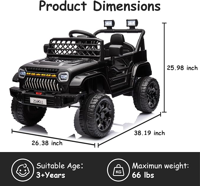 GarveeLife 12V Kids Ride On Truck Electric Vehicle Battery Powered Car Toddlers Ride On Toy for Boys Girls with Remote Control, 4-Wheel Suspension, Battery Display, LED Lights, Music, Black
