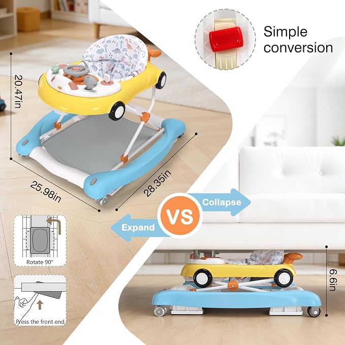 5-in-1 Convertible Baby Walker with Steering Wheel Music Activity Center – Infant Rocker, Jumper, Push Walker, Bouncer & Feeding Foldable Walker for Ages 6-18 Months Boys Girls (Yellow Blue)