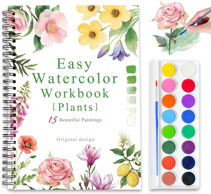 Watercolor Workbooks, 16 Colors Water Color Books Paint Set for Adults, Watercolor Coloring Book for Beginners, Water Color Workbook, 15 Beautiful Paintings for Beginners (Plants)