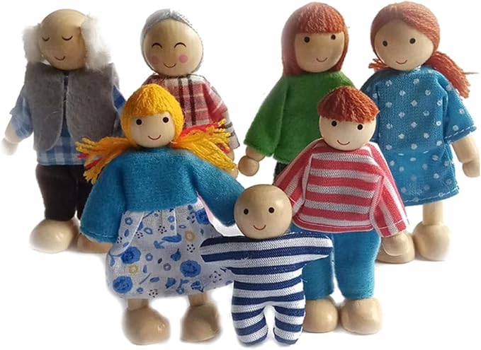 HYSTYLE 7 Pack Wooden Dollhouse Family Dolls Pretend Play Figures, Family Role Play Pretend Play People Figures