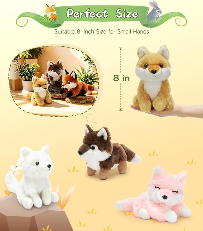 Tezituor 6 Pack Fox Stuffed Animals, 8 Inch Stuffed Fox Plush Toys Bulk, Assorted Color Mini Fox Plushies for Kids, Toddlers, Birthday Party Favors, Nursery Decor