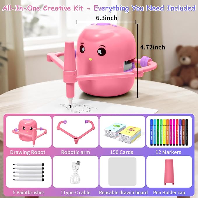 Drawing Robot for Kids, Voice Interactive Educational Drawing Machine with 150 Drawing Cards, Montessori Learning Toys for Kids Ages 3-8, for Boys & Girls (Pink)