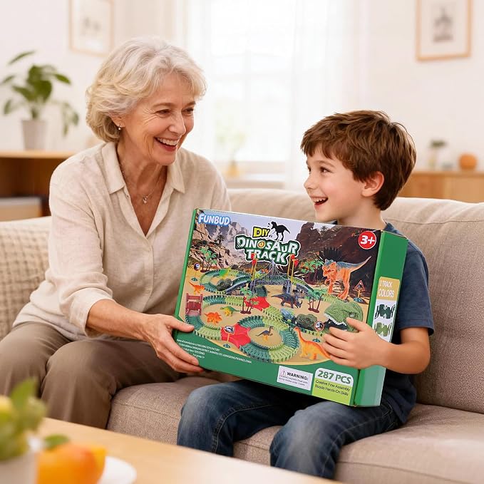FUNBUD Dinosaur Race Track Toys for Kids - Birthday Gifts for Boys Age 3 4 5 6 7 Year Old, Flexible Race Cars Track Playset with Lights, 280+ PCS Creative