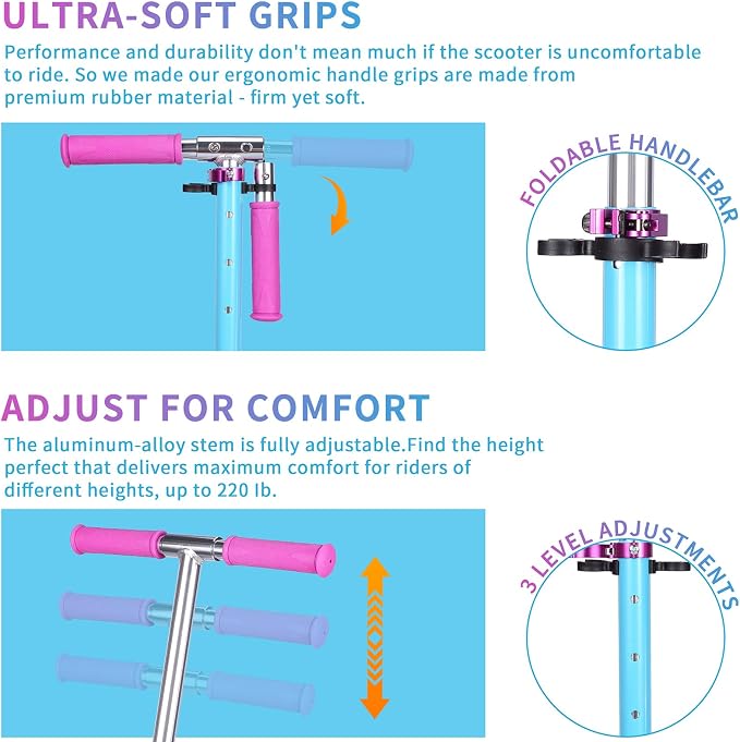 Kick Scooter - Collapsible Portable Kids Push Scooter - Lightweight Folding Design with High Visibility RGB Light Up LEDs on Wheels