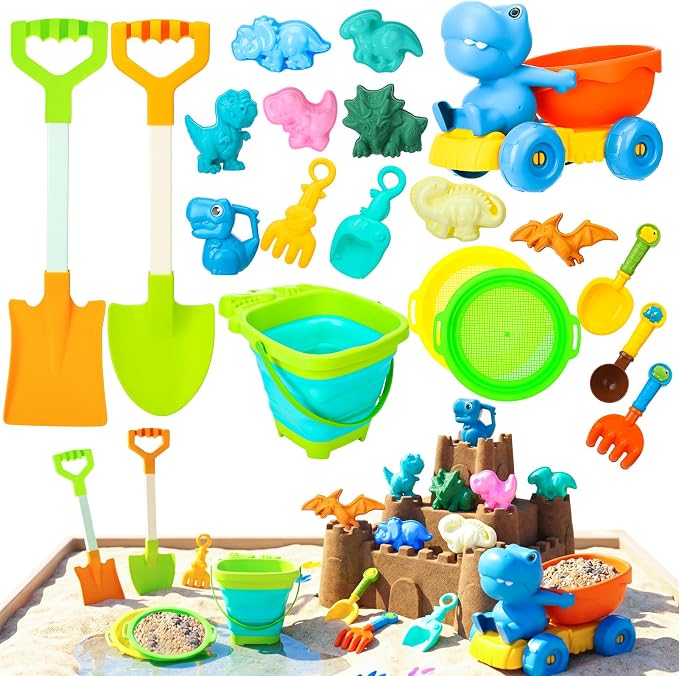 20 Pcs Beach Toys, Dinosaur Sand Toys Include Molds Foldable Bucket Mesh Storage Bag Shovels Dump Truck, Summer Sand Toys for Toddlers Kids