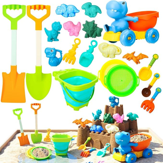 20 Pcs Beach Toys, Dinosaur Sand Toys Include Molds Foldable Bucket Mesh Storage Bag Shovels Dump Truck, Summer Sand Toys for Toddlers Kids
